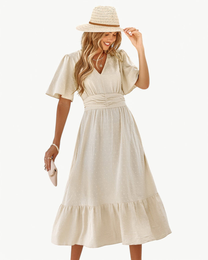 Renée | Robe mi-longue à encolure en V avec manches courtes