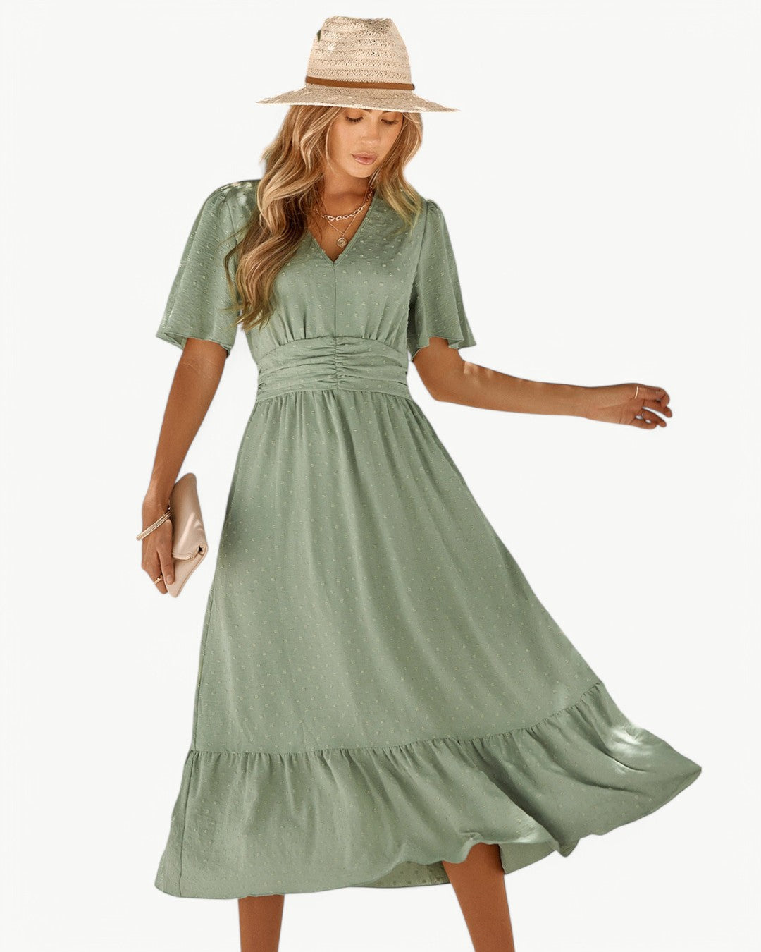 Renée | Robe mi-longue à encolure en V avec manches courtes