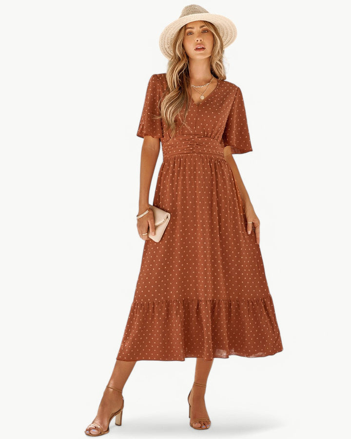 Renée | Robe mi-longue à encolure en V avec manches courtes