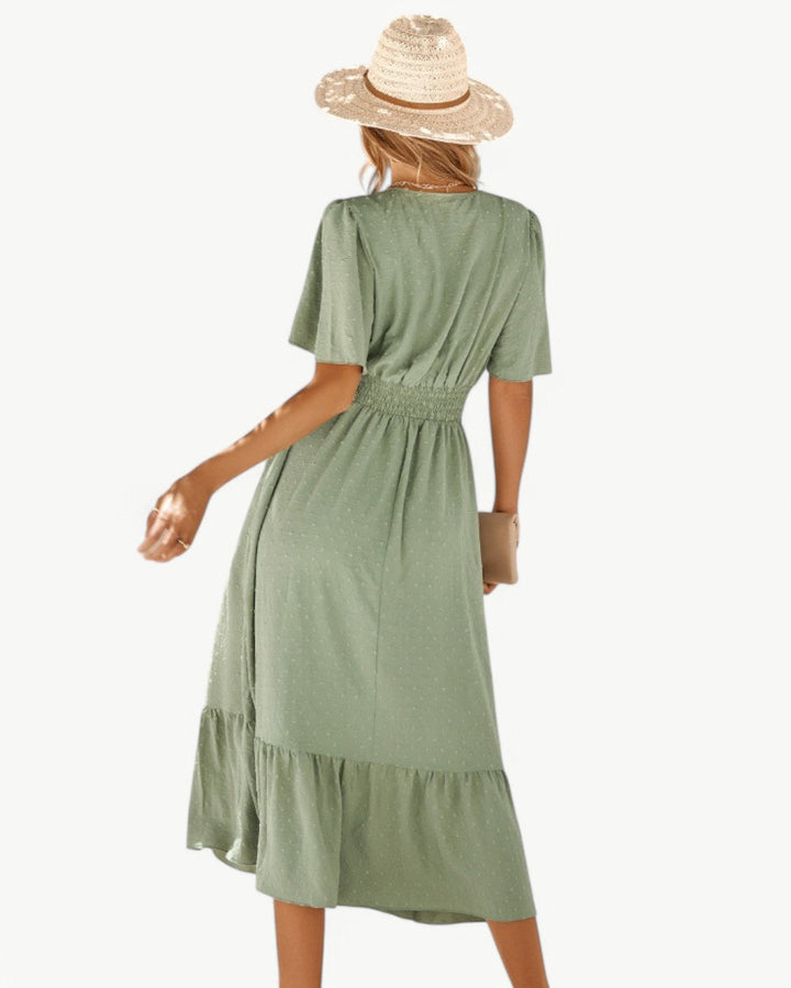 Renée | Robe mi-longue à encolure en V avec manches courtes
