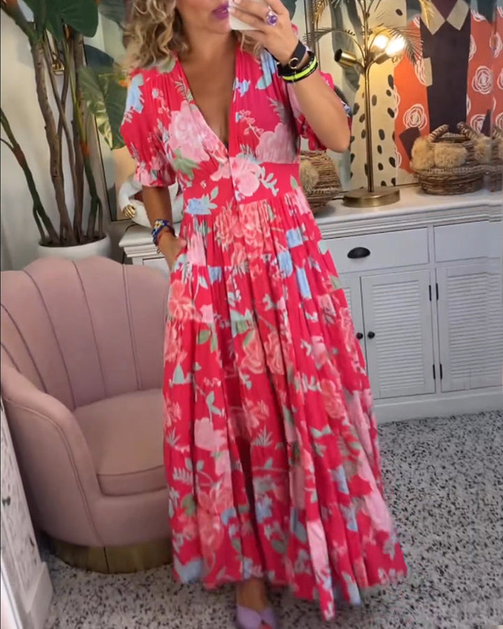 Catrisa | Robe à Imprimé Floral avec Poches et Col en V