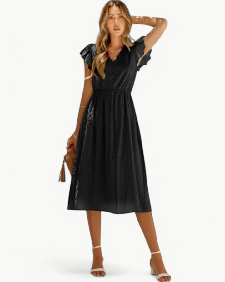 Lara | Robe midi avec encolure en V et manches à volants