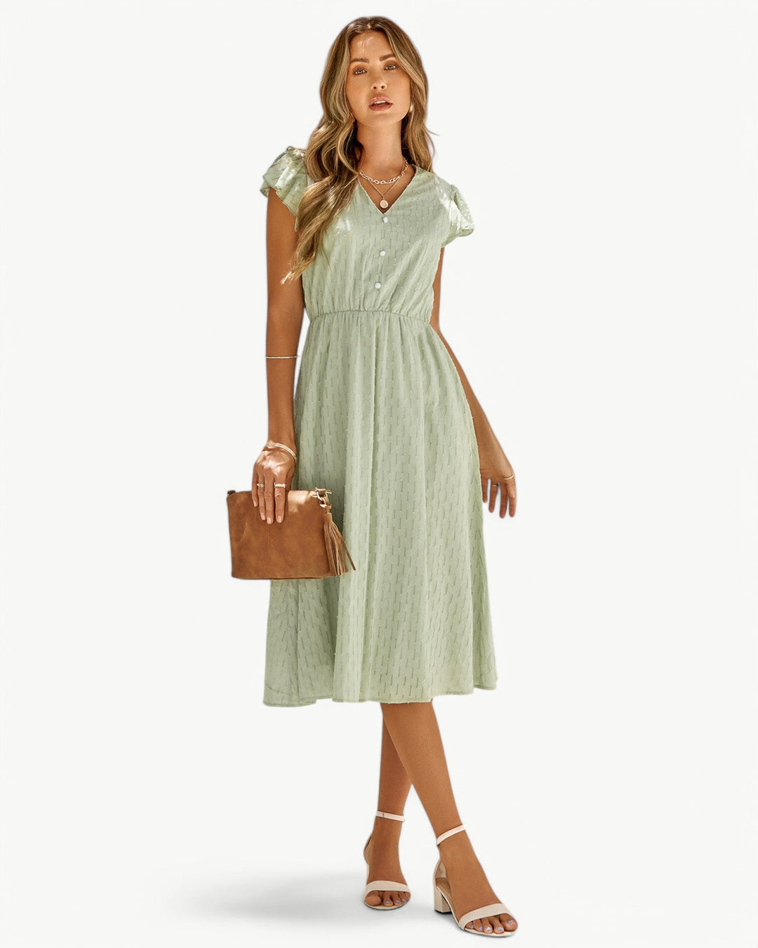 Lara | Robe midi avec encolure en V et manches à volants