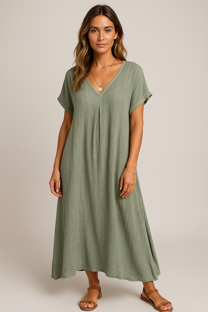 Célestine | Robe mi-longue intemporelle à col en V
