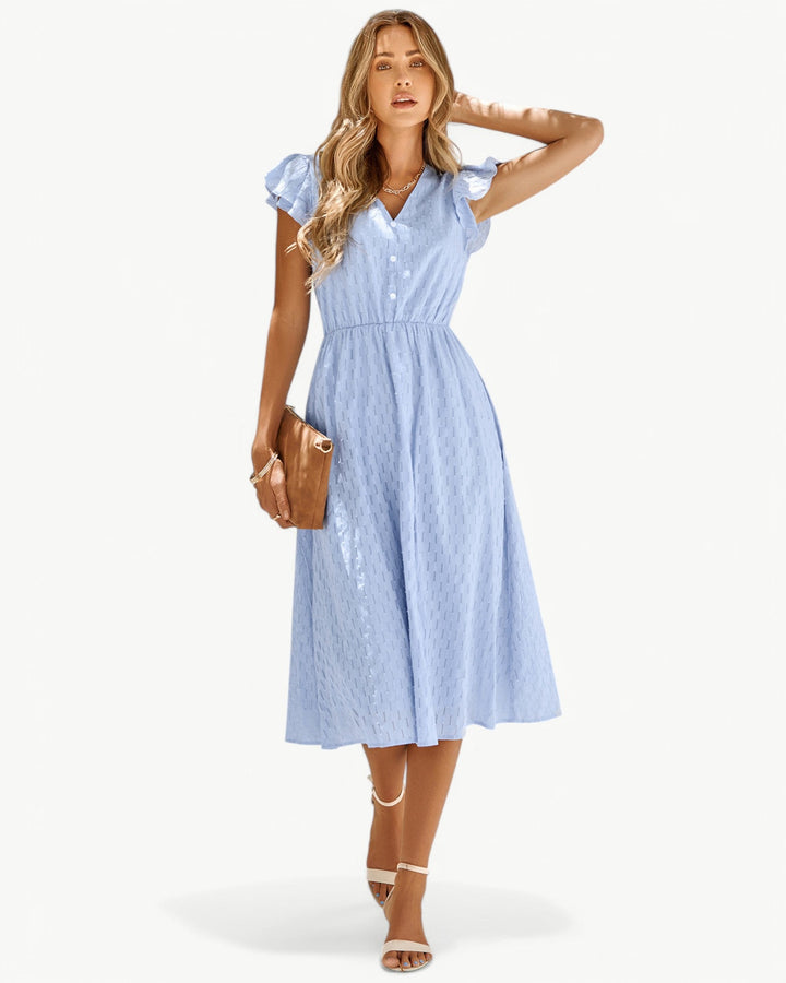 Lara | Robe midi avec encolure en V et manches à volants