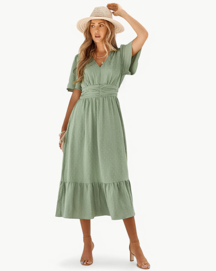 Renée | Robe mi-longue à encolure en V avec manches courtes