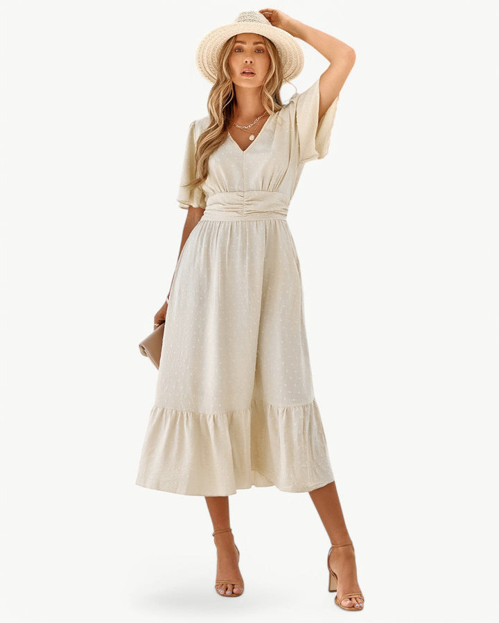 Renée | Robe mi-longue à encolure en V avec manches courtes