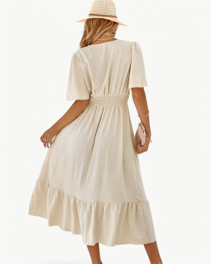 Renée | Robe mi-longue à encolure en V avec manches courtes