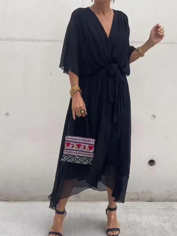 Monique | Robe en mousseline de soie à col en V