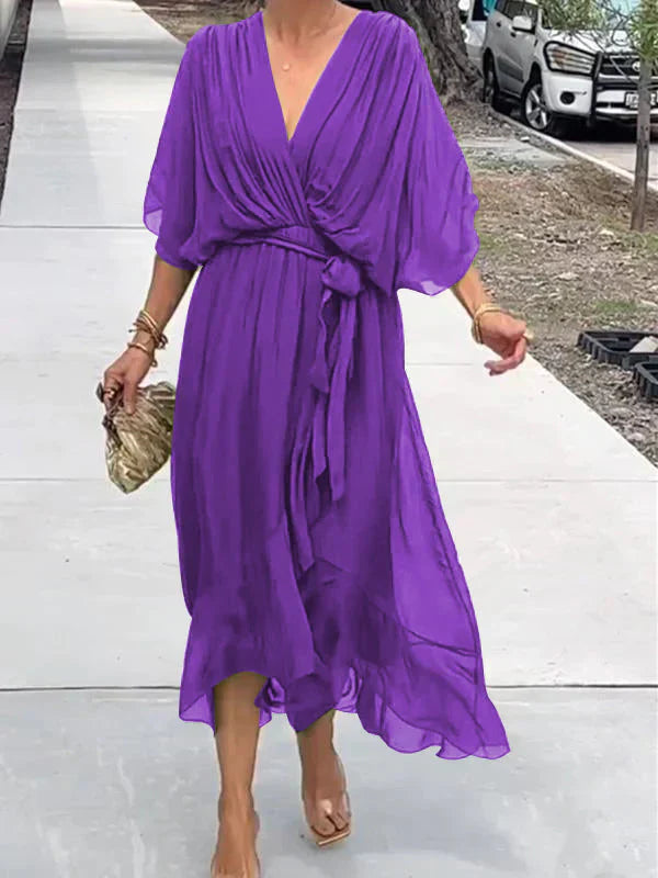 Monique | Robe en mousseline de soie à col en V